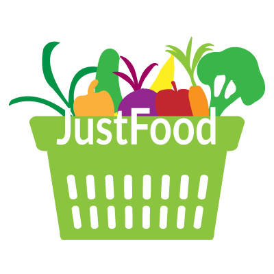 JustFood logo with basket of fresh vegetables and fruits