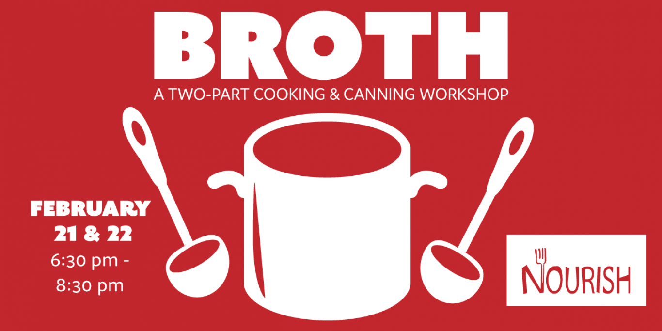 Event poster for broth featuring illustration of pot and labels. Text repeated below