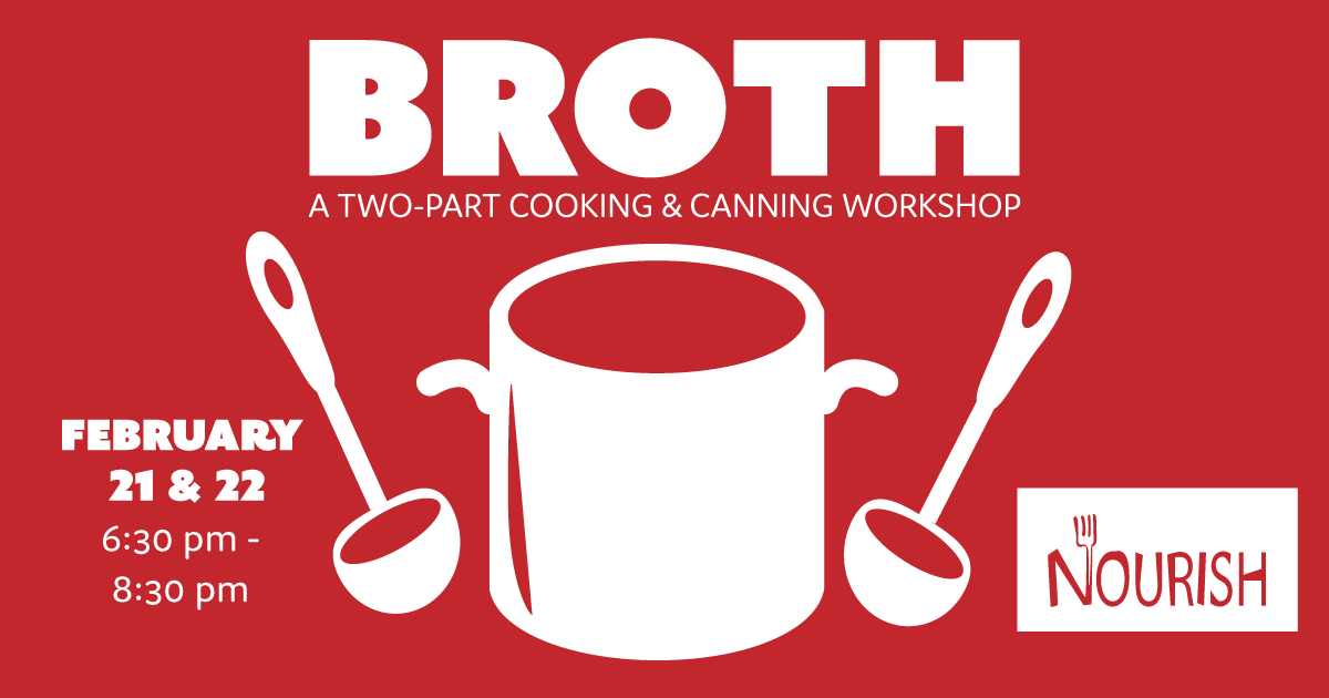 Event poster for broth featuring illustration of pot and labels. Text repeated below