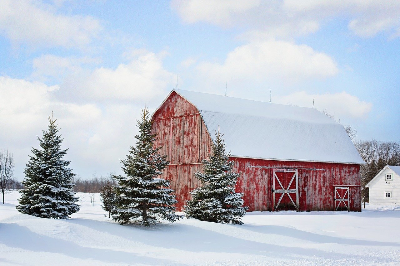 A red barn in winter
