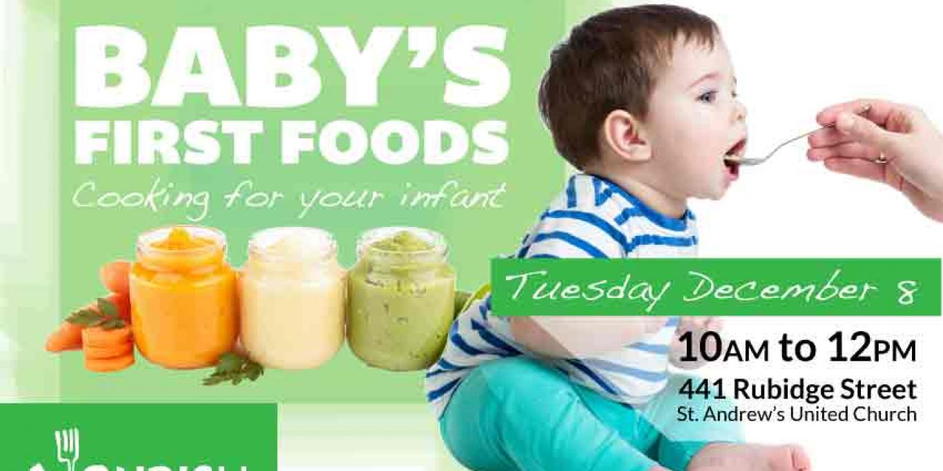 Workshop poster with picture of baby and prepared baby foods with workshop information (repeated below)