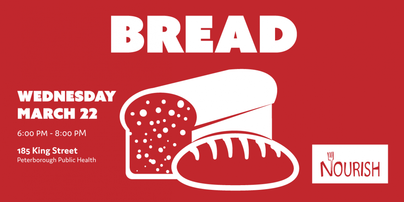 Bread workshop banner featuring illustration of loaves of bread on red background